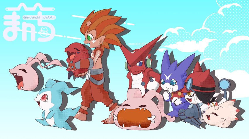 absurdres appmon chibimon digimon flamon food gatchmon gigimon gumdramon gurimon highres koromon manchi_kansuke meat shoutmon tagme
