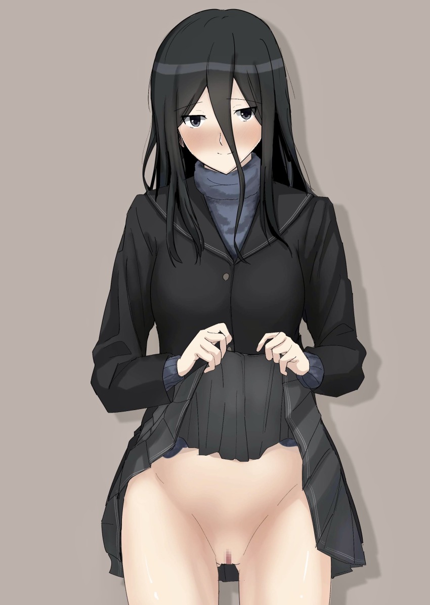 1girl absurdres amagami black_eyes black_hair black_jacket black_sailor_collar blazer blue_sweater blush brown_background censored closed_mouth clothes_lift commentary_request cowboy_shot gluteal_fold grey_skirt groin gyuunyuu_pack_(tanaka) hair_between_eyes hiba_manaka highres jacket kibito_high_school_uniform lifting_own_clothes light_smile long_hair long_sleeves looking_at_viewer mosaic_censoring pleated_skirt pussy sailor_collar school_uniform simple_background skirt skirt_lift smile solo standing sweater sweater_under_jacket translated turtleneck turtleneck_sweater winter_uniform