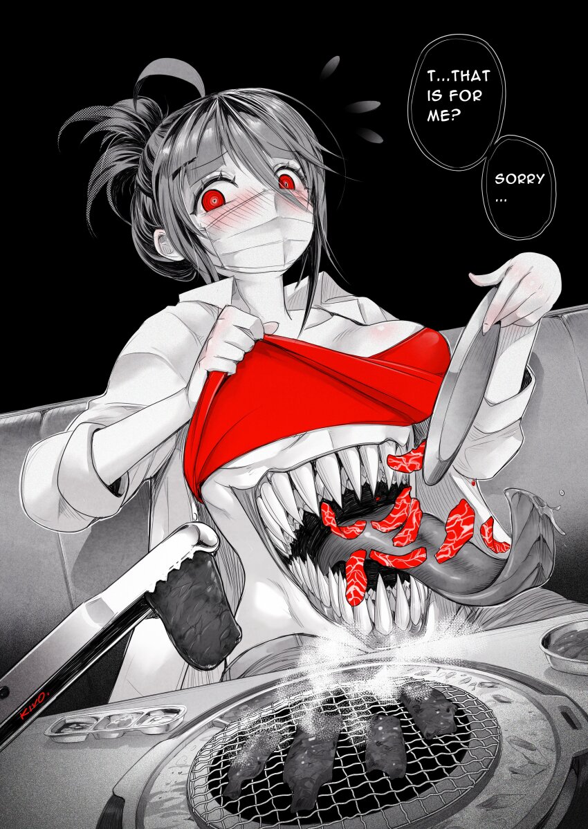1girl absurdres ahoge beef blush breasts camisole camisole_lift clothes_lift coat collarbone commentary cooking covered_mouth eating english_commentary english_text flying_sweatdrops folded_ponytail food grill grilling hair_between_eyes highres holding holding_plate holding_tongs kivo looking_at_viewer mask meat medium_breasts mimi_(kivo) monster_girl mouth_mask open_clothes open_coat original partially_colored plate pov raw_meat red_camisole red_eyes restaurant saliva sauce sharp_teeth sidelocks signature sitting solo soy_sauce speech_bubble stomach stomach_mouth teeth tongs tongue tongue_out underboob yakiniku