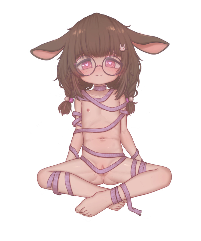 1girl animal_ears anndrezs anus barefoot brown_hair closed_mouth commission fallenshadow flat_chest hair_ornament heart heart-shaped_pupils highres indian_style indie_virtual_youtuber loli looking_at_viewer naked_ribbon navel nipples pink_eyes pixiv_commission pussy pussy_peek rabbit_ears rabbit_girl rabbit_hair_ornament ribbon round_eyewear simple_background sitting solo symbol-shaped_pupils toes transparent_background virtual_youtuber