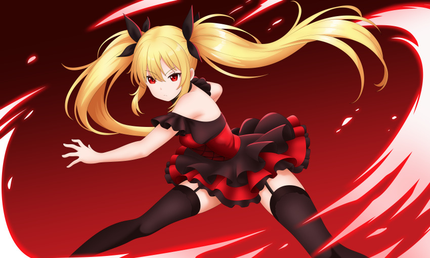 &gt;:( 1girl absurdres asura_(crat2222) aura bare_shoulders black_bow black_thighhighs blonde_hair bow closed_mouth commentary crat2222 dress feet_out_of_frame fighting_stance floating_hair frilled_dress frills garter_straps hair_between_eyes hair_bow highres leaning_forward long_hair looking_at_viewer off-shoulder_dress off_shoulder original outstretched_arm red_background red_dress red_eyes short_dress sidelocks simple_background solo split_mouth standing thighhighs twintails v-shaped_eyebrows very_long_hair zettai_ryouiki