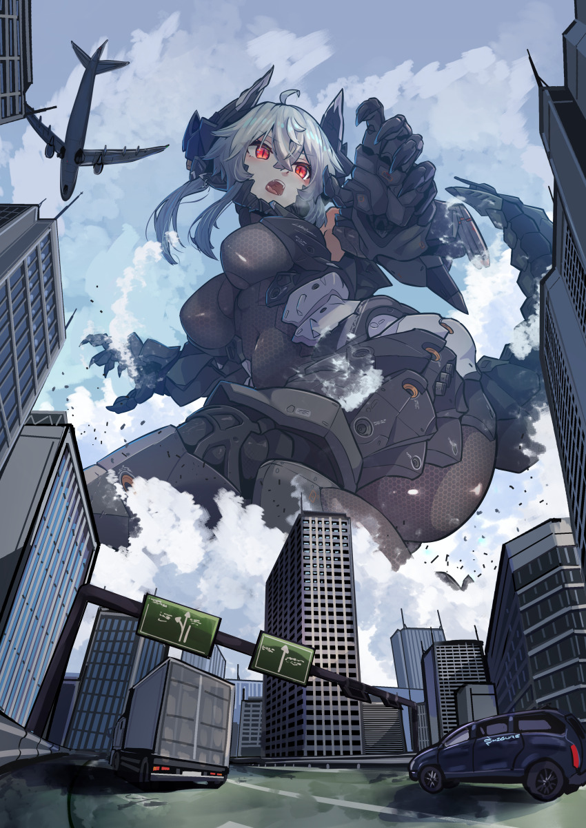 1girl absurdres aircraft airplane android bare_shoulders bodysuit breasts building car cloud covered_navel destruction giant giantess grey_hair headgear hexagon_print highres highway impossible_bodysuit impossible_clothes large_breasts looking_at_viewer m004_(natsukaze_shigure) mecha_musume mechanical_ears mechanical_gloves mechanical_tail motor_vehicle natsukaze_shigure open_mouth original outdoors red_eyes road_sign short_hair sign skin_tight solo tail truck