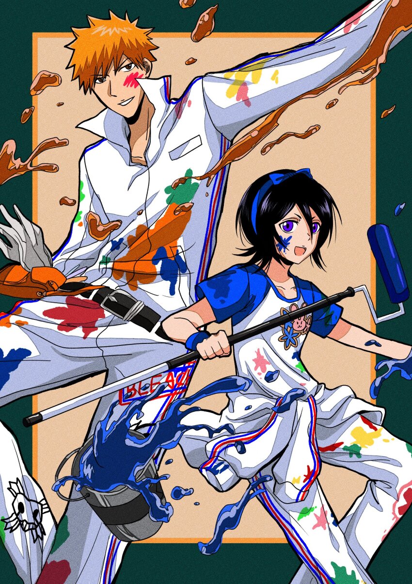 1boy 1girl belt black_belt black_hair bleach clothes_around_waist highres holding_paint_roller jacket jacket_around_waist kuchiki_rukia kurosaki_ichigo orange_hair paint_on_body paint_roller paint_splatter pants purple_eyes shirt smile spiked_hair star_(sr67305775) two-tone_shirt white_jacket white_pants white_shirt
