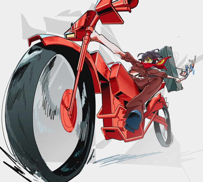 2girls black_hair blue_eyes blue_neckerchief blue_sailor_collar blue_skirt brown_hair cropped_sweater highres holding_hands honnoji_academy_school_uniform kill_la_kill korean_commentary mankanshoku_mako matoi_ryuuko motor_vehicle motorcycle multiple_girls neckerchief pants red_streaks riding sailor_collar sama_1027 scarf school_uniform senketsu shoes short_hair simple_background skirt sweater tinted_eyewear