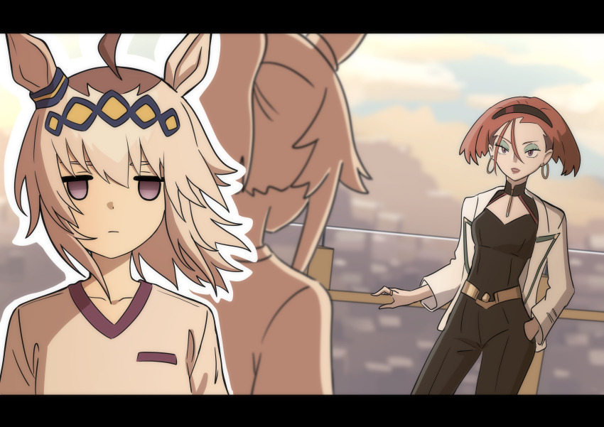 2girls absurdres animal_ears annqi black_hairband black_pants black_shirt blue_eyes blurry blurry_background brown_hair closed_mouth commentary crossover depth_of_field ear_ornament earrings expressionless eyeliner grey_hair gundam gundam_gquuuuuux gym_shirt hair_ornament hairband hand_in_pocket highres hoop_earrings horse_ears horse_girl jacket jewelry jitome kasamatsu_tracen_training_uniform letterboxed light_frown long_sleeves looking_at_another makeup medium_hair multiple_girls oguri_cap_(umamusume) outline pants ponytail railing ring shirt short_hair soon_(toruto98) standing t-shirt umamusume umamusume:_cinderella_gray white_jacket white_outline white_shirt