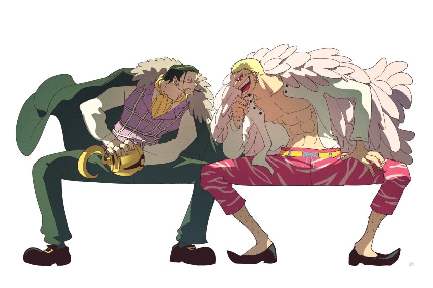 2boys abs ascot black_hair blonde_hair cape cigar crocodile_(one_piece) donquixote_doflamingo fur_cape hair_slicked_back highres hook_hand invisible_chair leg_hair male_focus multiple_boys one_piece open_clothes open_mouth open_shirt purple_vest sanam_1piece shirt simple_background sitting smile stitched_face stitches teeth vest white_background white_shirt