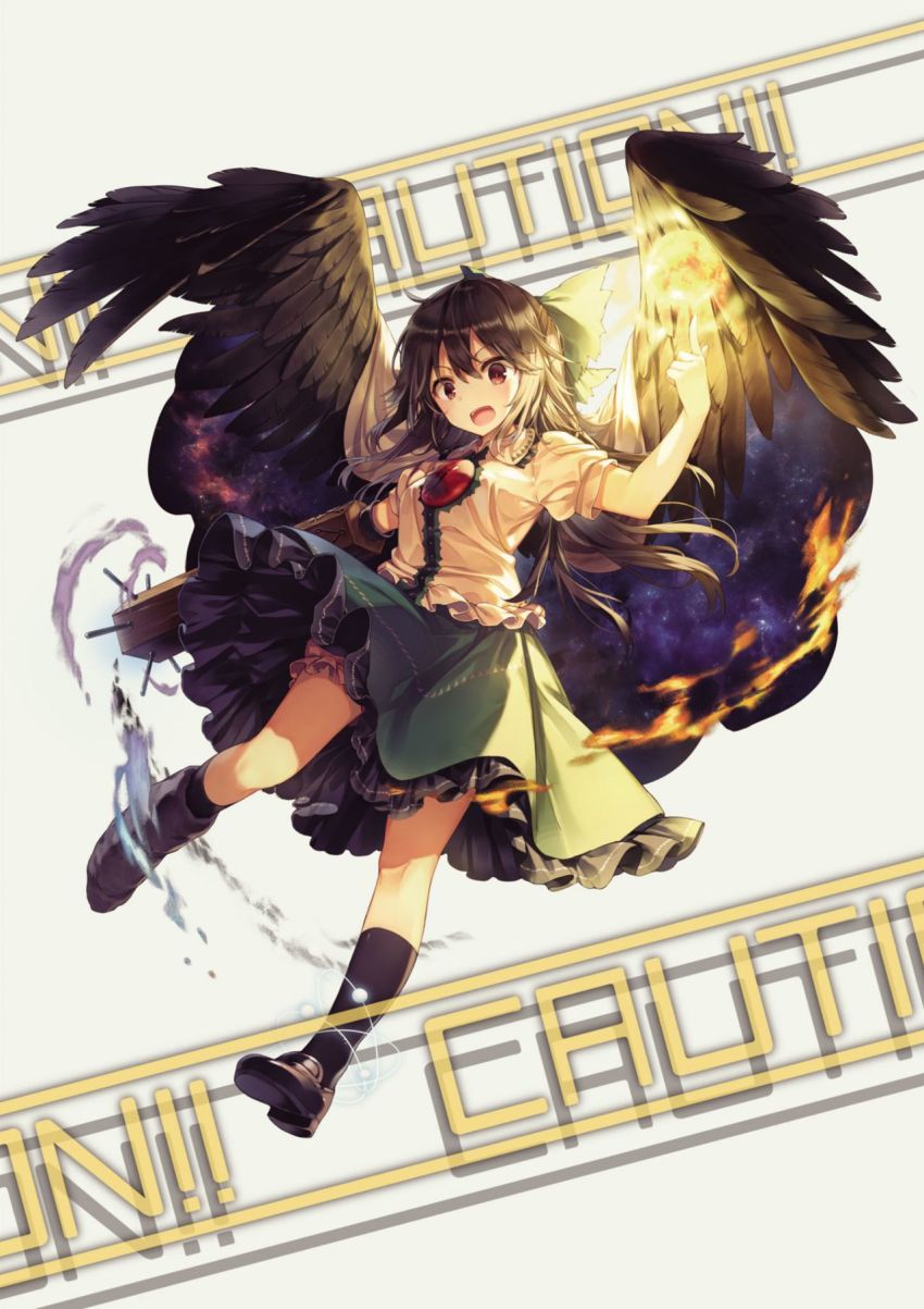 1girl arm_up black_hair black_shoes black_socks bloomers blush bow breasts brown_eyes cloak collared_shirt english_text fire flying frills green_bow green_skirt grey_cloak hair_between_eyes hand_cannon hands_up highres light long_hair looking_to_the_side medium_breasts night night_sky open_mouth pointing puffy_short_sleeves puffy_sleeves reiuji_utsuho shadow shirt shnva shoes short_sleeves simple_background skirt sky sky_print smile socks solo space space_print star_(sky) star_(symbol) star_print starry_sky_print stone sun teeth third_eye tongue touhou underwear white_background white_shirt wings