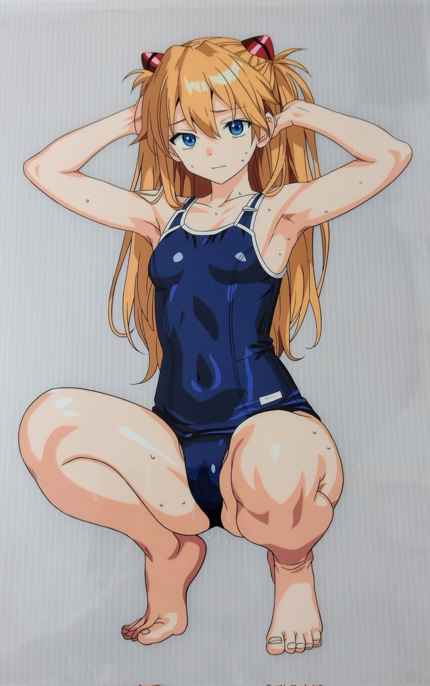 1girl arms_behind_back arms_up barefoot blue_eyes blue_one-piece_swimsuit breasts brown_hair cameltoe cel covered_navel full_body hand_in_own_hair highres interface_headset_(evangelion) long_hair looking_at_viewer medium_breasts navel neon_genesis_evangelion one-piece_swimsuit open_mouth photo_(medium) school_swimsuit shiny_skin shirt simple_background solo souryuu_asuka_langley squatting standing swimsuit thighs traditional_media twintails umino_kaori very_long_hair
