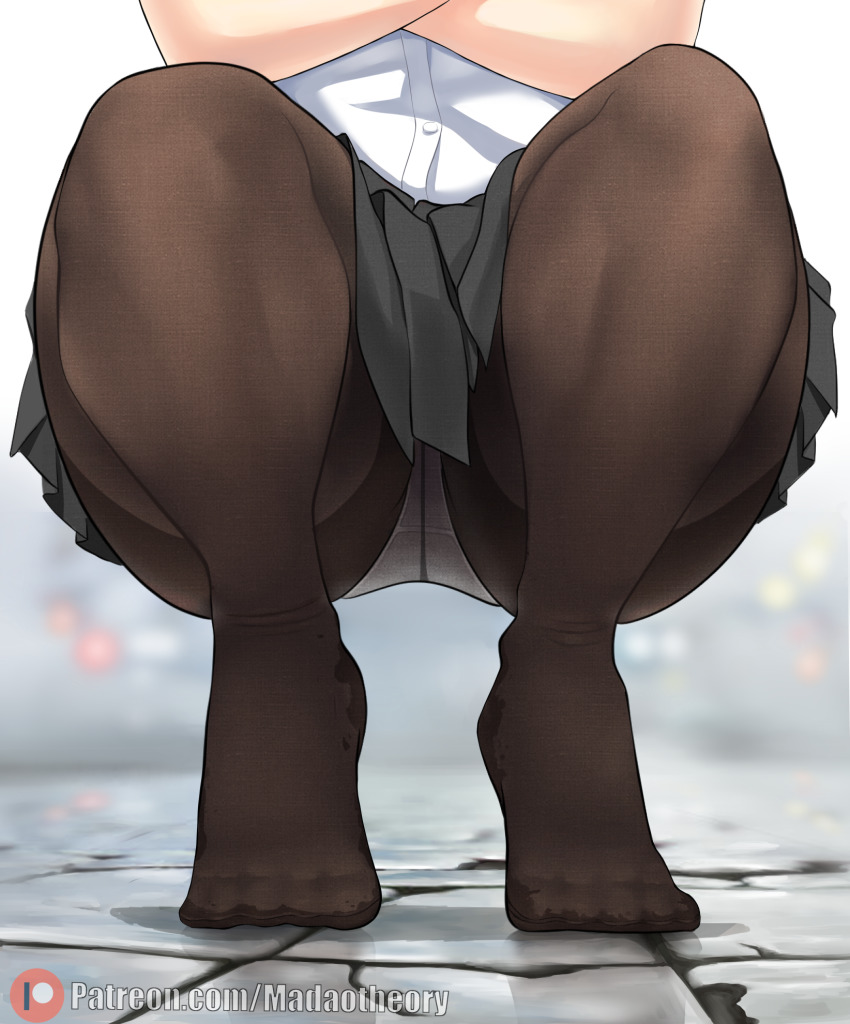 1girl ass black_pantyhose close-up crossed_arms feet highres madaotheory no original outdoors panties panties_under_pantyhose pantyhose rain school_uniform shirt shoes skirt squatting underwear white_panties white_shirt