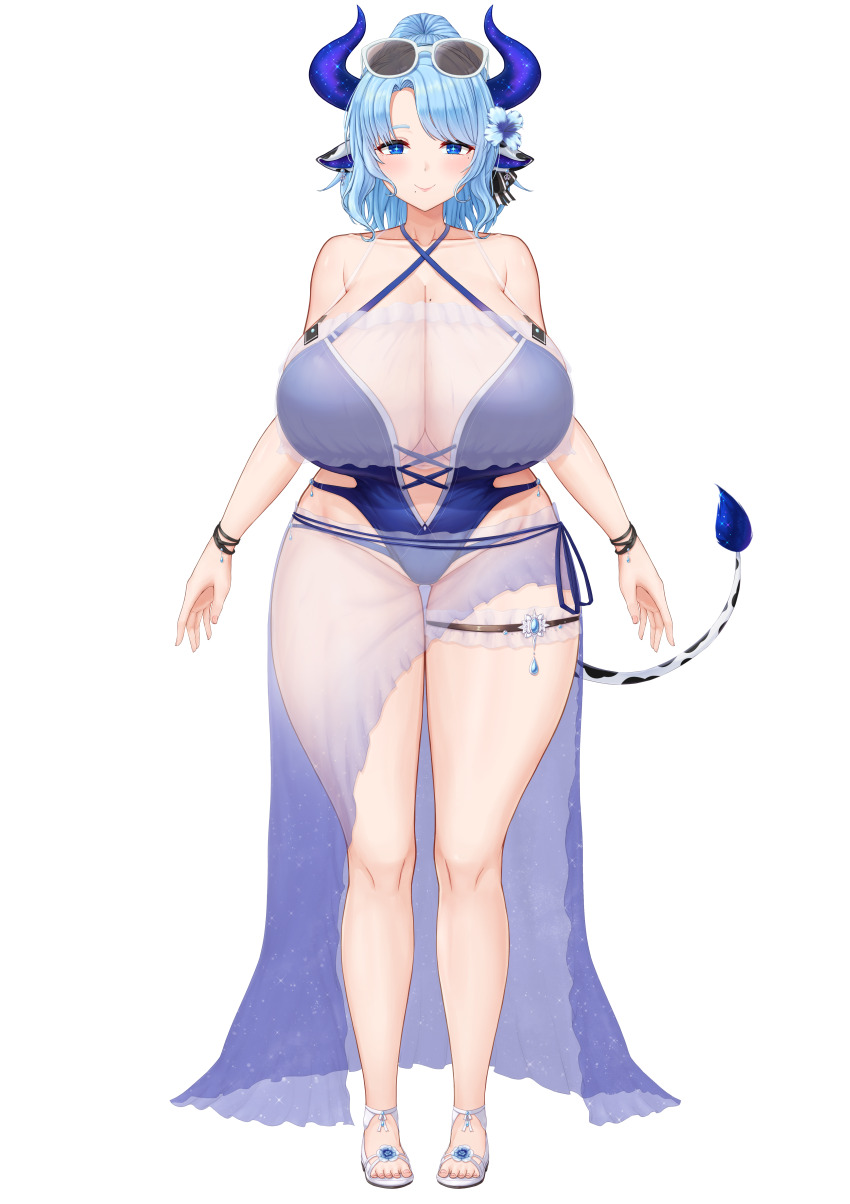 1girl absurdres animal_ears arms_at_sides bare_shoulders black_ribbon blue_eyes blue_flower blue_hair blue_one-piece_swimsuit blue_pupils breasts bright_pupils cleavage closed_mouth collarbone cow_ears cow_girl cow_tail cream_cod criss-cross_straps earrings eyewear_on_head flower frilled_thigh_strap full_body hair_flower hair_ornament hair_ribbon highres horns huge_breasts indie_virtual_youtuber jewelry miilkywayz mole mole_on_breast mole_under_eye mole_under_mouth navel official_art one-piece_swimsuit open_hands parted_bangs ribbon sandals sarong see-through_clothes see-through_sarong smile solo standing star-shaped_pupils star_(symbol) straight-on striped_ribbon sunglasses swimsuit symbol-shaped_pupils tachi-e tail thick_thighs thigh_strap thighs toes transparent_background virtual_youtuber white-framed_eyewear wide_hips