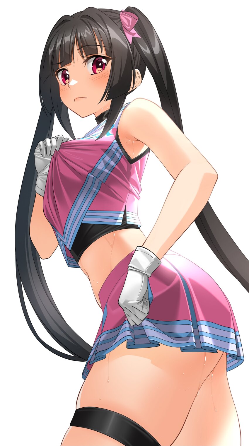 1girl absurdres black_hair bow cheerleader clothes_tug cowboy_shot crop_top gloves hair_bow highres midriff miniskirt nyanmaru pink_eyes pink_skirt pleated_skirt senki_zesshou_symphogear sidelocks simple_background skindentation skirt sleeveless solo sweat thigh_strap tsukuyomi_shirabe twintails white_background white_gloves