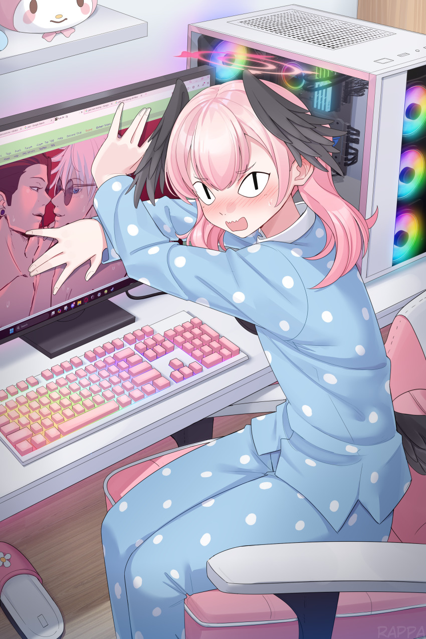 &lt;|&gt;_&lt;|&gt; 1girl absurdres black_wings blue_archive blue_pajamas blush caught chair computer computer_keyboard discord embarrassed feathered_wings fujoshi getou_suguru gojou_satoru halo head_wings highres jujutsu_kaisen koharu_(blue_archive) long_hair looking_at_viewer low_wings microsoft_windows monitor nose_blush open_mouth opera_(web_browser) pajamas pink_hair pink_halo polka_dot polka_dot_pajamas rappa_(sirrappa) rule34.xxx slippers steam_(platform) windows_11 wings yaoi