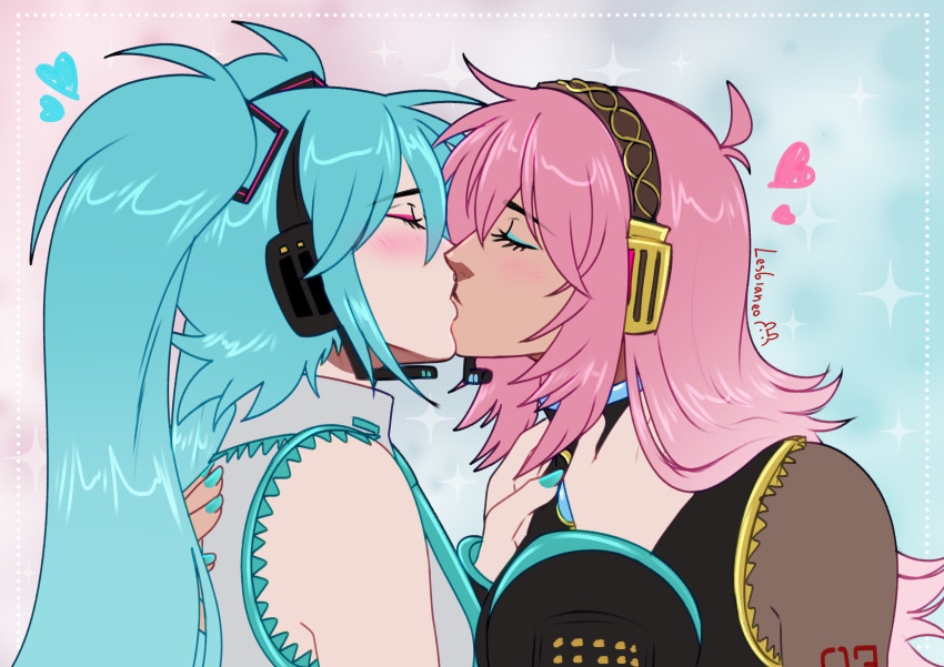 2girls absurdres blue_background blue_eyeshadow blue_hair blue_nails blush closed_eyes collared_shirt commentary english_commentary eyeshadow grey_shirt hands_on_another&#039;s_shoulders hatsune_miku headset heart highres kiss long_hair makeup megurine_luka multiple_girls pink_background pink_eyeshadow pink_hair shirt sleeveless sleeveless_shirt sparkle tempusumbra twintails vocaloid yuri