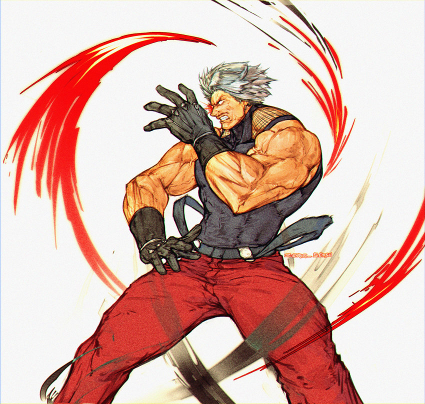 abs absurdres biceps facial_hair fighting_stance from_side gloves glowing glowing_eye grey_hair highres large_pectorals male_focus mature_male muscular muscular_male mustache omega_rugal pants pectorals red_pants rugal_bernstein skin_tight snk solo suspenders the_king_of_fighters the_king_of_fighters_xv zero_setsu