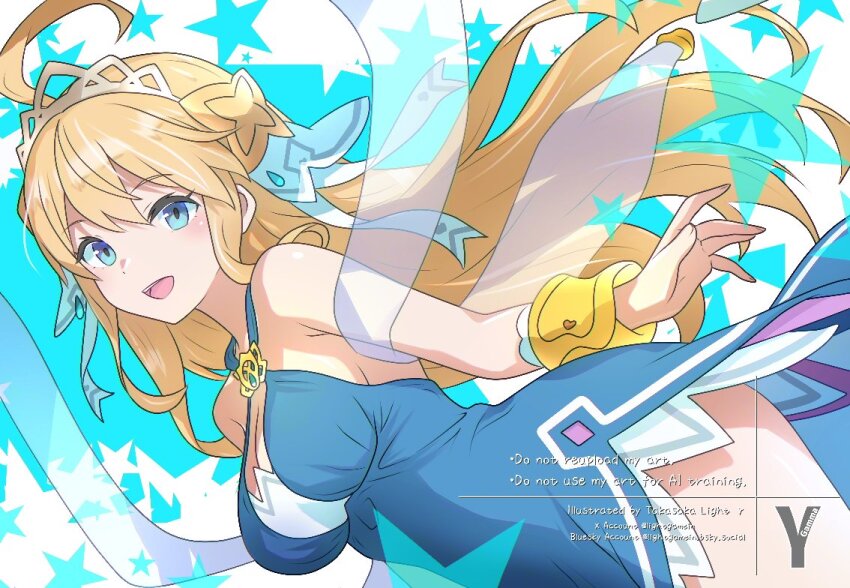 1girl :d ahoge bare_shoulders blonde_hair blue_dress blue_eyes breasts cleavage dragalia_lost dress large_breasts looking_at_viewer open_mouth sleeveless sleeveless_dress smile solo star_(symbol) takasaka_light teeth tiara upper_teeth_only zethia