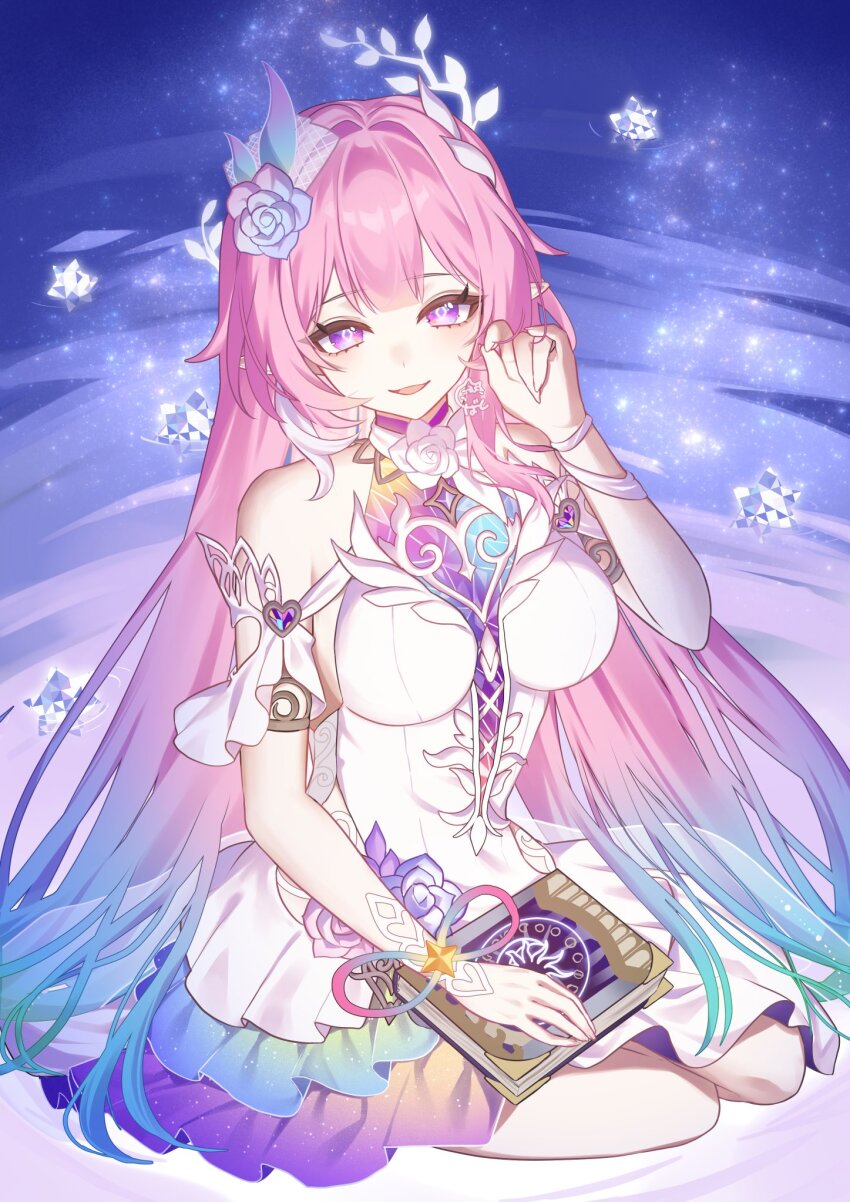 1girl armlet as_i&#039;ve_written_(honkai:_star_rail) bare_shoulders blue_hair book breasts commentary_request cyrene_(honkai:_star_rail) cyrene_(ripples_of_past_reverie)_(honkai:_star_rail) diamond-shaped_pupils diamond_(shape) dress flower gradient_hair hair_flower hair_intakes hair_ornament hand_up highres holding holding_book honkai:_star_rail honkai_(series) jewelry kobato_(youyoshi0422) large_breasts long_hair looking_at_viewer multicolored_hair open_mouth pink_hair pointy_ears purple_eyes purple_flower purple_rose rose sidelocks sitting smile solo symbol-shaped_pupils very_long_hair white_dress yokozuwari