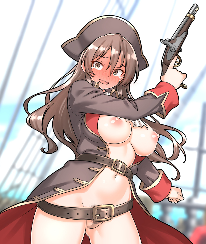 1girl absurdres ashigara_(kancolle) belt blush breasts brown_belt brown_coat brown_eyes brown_hair brown_hat censored coat embarrassed female_pubic_hair full-face_blush furaggu_(frag_0416) gluteal_fold gun hat highres holding holding_gun holding_weapon kantai_collection large_breasts long_hair long_sleeves mosaic_censoring multiple_belts navel nipples open_clothes open_coat pirate_hat pubic_hair pussy solo standing stomach thighs variant_set weapon