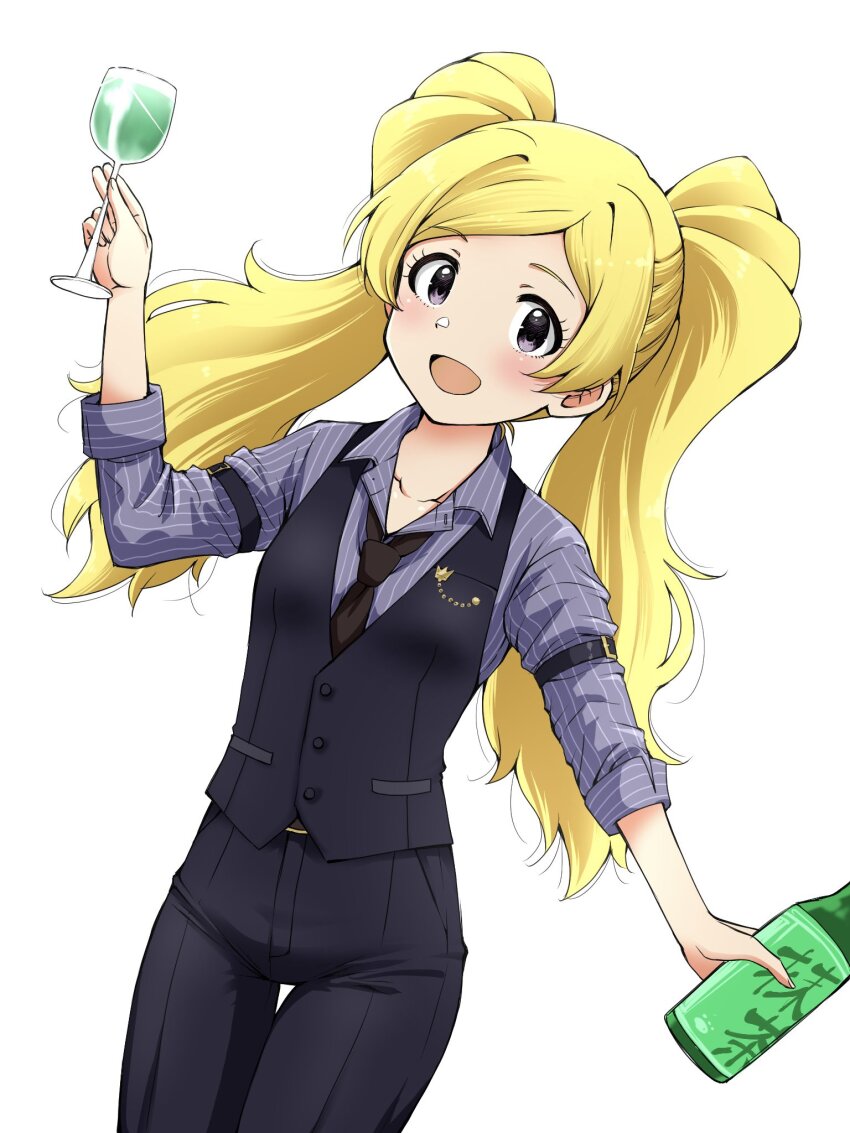 1girl :d arm_strap belt black_pants black_vest blonde_hair blush bottle breasts brown_necktie buttons cocktail_glass collarbone collared_shirt concept_shaker_(idolmaster) cowboy_shot cup dot_nose drinking_glass emily_stewart eyelashes fluffy_hair green_tea highres holding holding_bottle holding_cup idolmaster idolmaster_million_live! idolmaster_million_live!_theater_days long_hair looking_at_viewer matcha_kingyo necktie open_collar open_mouth pants parted_bangs pocket purple_eyes shirt sidelocks simple_background sleeves_rolled_up small_breasts smile solo striped_clothes striped_shirt tea twintails very_long_hair vest wavy_hair white_background