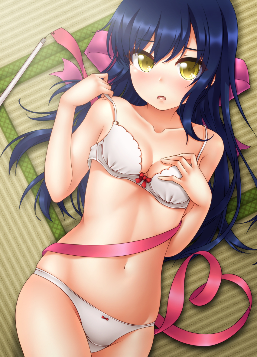 1990s_(style) 1girl absurdres agent_aika aika_(series) bare_arms bare_legs bare_shoulders bed blue_hair blush bow bow_bra bow_panties bra breasts brown_eyes cleavage collarbone cowboy_shot crotch delmo derivative_work female_focus golden_delmo groin hair_between_eyes hair_bow hair_ornament hair_ribbon hand_on_own_chest highres indoors long_hair looking_at_viewer lying navel on_back oooqqq panties parted_lips raised_eyebrows retro_artstyle ribbon rie_petoriyacowa skindentation small_breasts solo strap_slip tatami thighs underwear underwear_only very_long_hair white_bra wrapped_up