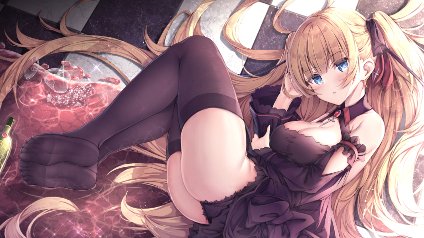 1girl alcohol azur_lane black_dress black_panties black_ribbon black_thighhighs blonde_hair blue_eyes breasts broken_glass brown_hair cleavage detached_sleeves dress glass hair_ribbon highres long_hair long_sleeves looking_at_viewer lying manman_manyou_haiyang_de_paomo medium_breasts no_shoes on_ground on_side panties pantyshot ribbon soles solo spill sussex_(azur_lane) sussex_(wine_and_red_roses)_(azue_lane) sussex_(wine_and_red_roses)_(azur_lane) thighhighs thighs tile_floor tiles twintails underwear very_long_hair wine