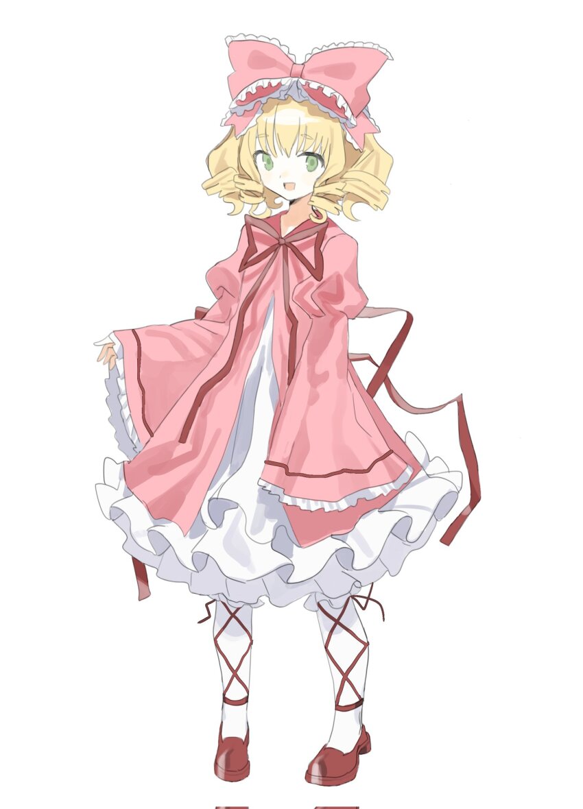 1984_(cw1000110) 1girl blonde_hair bow dress frilled_dress frilled_sleeves frills full_body green_eyes hair_bow highres hinaichigo juliet_sleeves long_sleeves open_mouth pantyhose pink_bow pink_dress puffy_sleeves red_shoes ringlets rozen_maiden shoes short_hair simple_background single_sleeve_past_fingers single_sleeve_past_wrist smile solo standing white_background white_pantyhose wide_sleeves