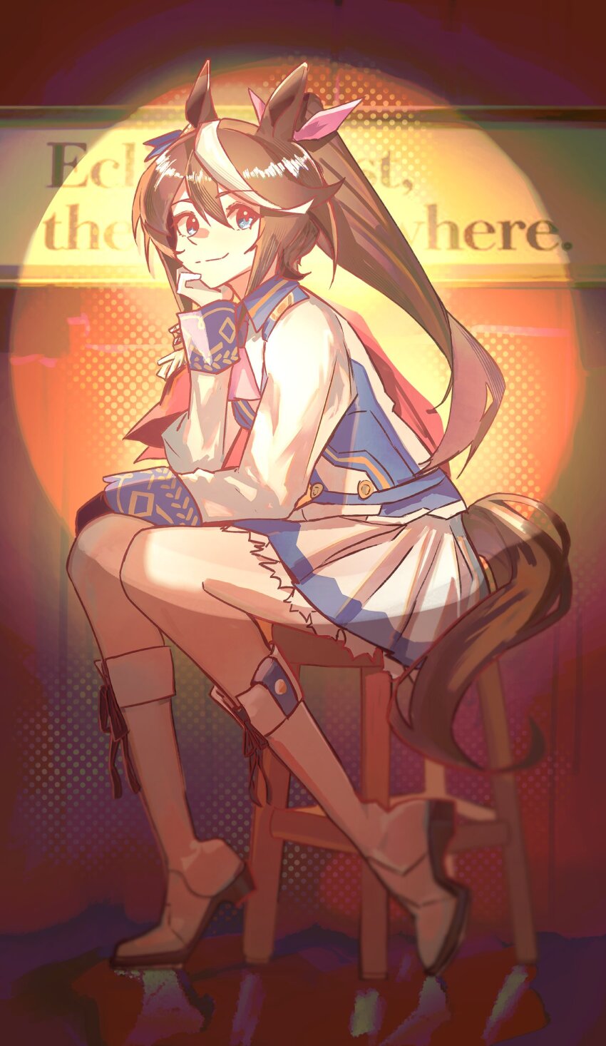 1girl absurdres animal_ears ascot asymmetrical_gloves blue_eyes blush bow brown_hair ear_bow ear_ornament ear_ribbon epaulettes gloves hair_between_eyes high_ponytail highres horse_ears horse_girl horse_tail long_hair long_sleeves looking_at_viewer mismatched_gloves multicolored_hair peemy pink_ascot ponytail shirt single_epaulette skirt smile solo streaked_hair tail tokai_teio_(peak_joy)_(umamusume) tokai_teio_(umamusume) two-tone_hair umamusume white_hair