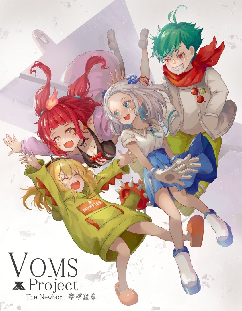 1boy 3girls ^_^ amano_pikamee black_choker black_hairband blue_eyes blue_skirt blush breasts choker cleavage closed_eyes commentary copyright_name daimonji_ryugon english_commentary closed_eyes falling fire gloves grey_hair grey_jacket gyari_(bird) hair_behind_ear hairband hands_in_pockets haneuzu_miuneru highres hikasa_tomoshika jacket jiang_shennong letterman_jacket medium_breasts multiple_girls open_mouth purple_jacket sharp_teeth shirt shirt_tucked_in skirt teeth two_side_up virtual_youtuber voms white_gloves white_shirt yellow_eyes