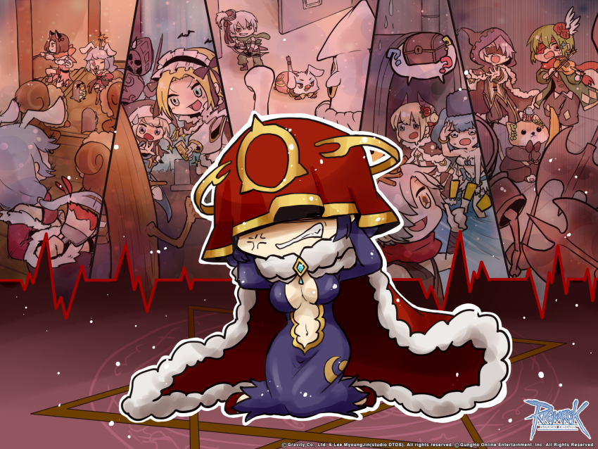 3boys 6+girls afterimage anger_vein animal_ears arch_bishop_(ragnarok_online) axe bikini bird black_hairband black_shirt blindfold blonde_hair blue_dress blue_eyes blue_hair bodysuit bow_(weapon) breasts brown_cape brown_pants brown_vest cape cat_girl clenched_teeth closed_eyes closed_mouth clown_nose coat copyright_notice dress eyepatch flower frilled_hairband frills frown full_body fur-trimmed_cape fur_trim galapago_(ragnarok_online) galapagos_penguin green_coat green_eyes green_hair green_scarf grey_hair guest_art guillotine_cross_(ragnarok_online) hair_over_one_eye hairband hands_on_own_head hexagram highres holding holding_axe holding_paintbrush hood hood_up khalitzburg_(ragnarok_online) kneeling kraken_(ragnarok_online) large_breasts logo long_hair medium_hair minstrel_(ragnarok_online) multiple_boys multiple_girls noah_hat_(ragnarok_online) official_alternate_costume official_art official_wallpaper open_clothes open_coat open_mouth paint paintbrush pants penguin pink_scarf plunging_neckline purple_bodysuit purple_eyes purple_hair rabbit_ears ragnarok_online ranger_(ragnarok_online) red_cape red_flower red_hood red_rose red_skirt rose scarf shadow_chaser_(ragnarok_online) shirt short_hair skeleton skirt sleeveless sleeveless_shirt smile summoner_(ragnarok_online) swimsuit takuto173 teeth thumbs_up treasure_chest undead vest wanderer_(ragnarok_online) warlock_(ragnarok_online) weapon white_bikini witch_zilant