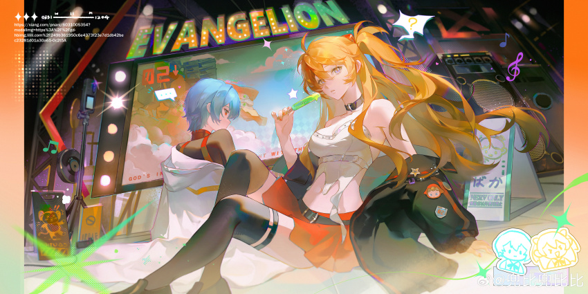 2girls absurdres ayanami_rei belt black_jacket black_thighhighs blue_eyes blue_hair breasts chinese_commentary choker commentary_request eva_(metal_gear) food highres holding holding_food interface_headset jacket long_hair midriff multiple_girls navel neon_genesis_evangelion off_shoulder orange_hair orange_skirt popsicle red_eyes red_skirt shirt short_hair sitting skirt souryuu_asuka_langley thighhighs two_side_up white_shirt yuanyi163