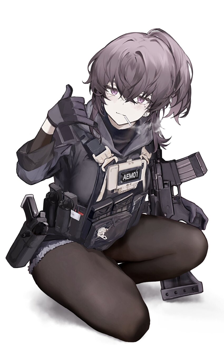 1girl \m/ ar-15 black_hoodie black_pantyhose black_shirt borrowed_character brown_hair cigarette closed_mouth commentary crossed_bangs flashbang full_body gloves gun hair_between_eyes hand_up handgun highres holding holding_gun holding_weapon holster hood hood_down hoodie load_bearing_vest long_sleeves looking_at_viewer magazine_(weapon) mouth_hold original pantyhose purple_eyes purple_gloves rifle seallllion shirt shorts simple_background smoke smoking solo squatting weapon white_background