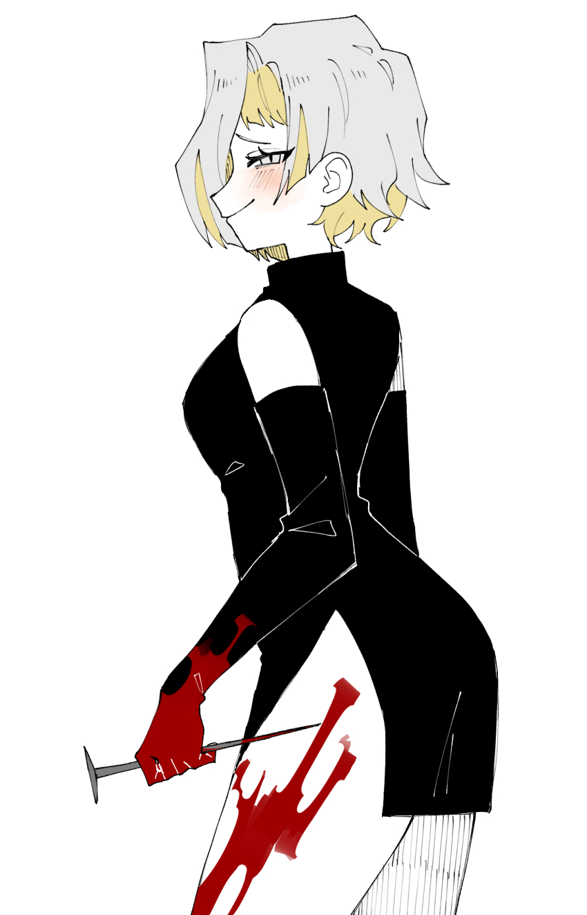1girl black_gloves blonde_hair blood blood_on_body blood_on_clothes blood_on_hands blush breasts cowboy_shot elbow_gloves gloves highres holding holding_nail kitaku_(ienikaeru) kromer_(project_moon) limbus_company looking_at_viewer medium_breasts multicolored_hair nail nail_(hardware) project_moon short_hair simple_background solo streaked_hair white_background white_hair