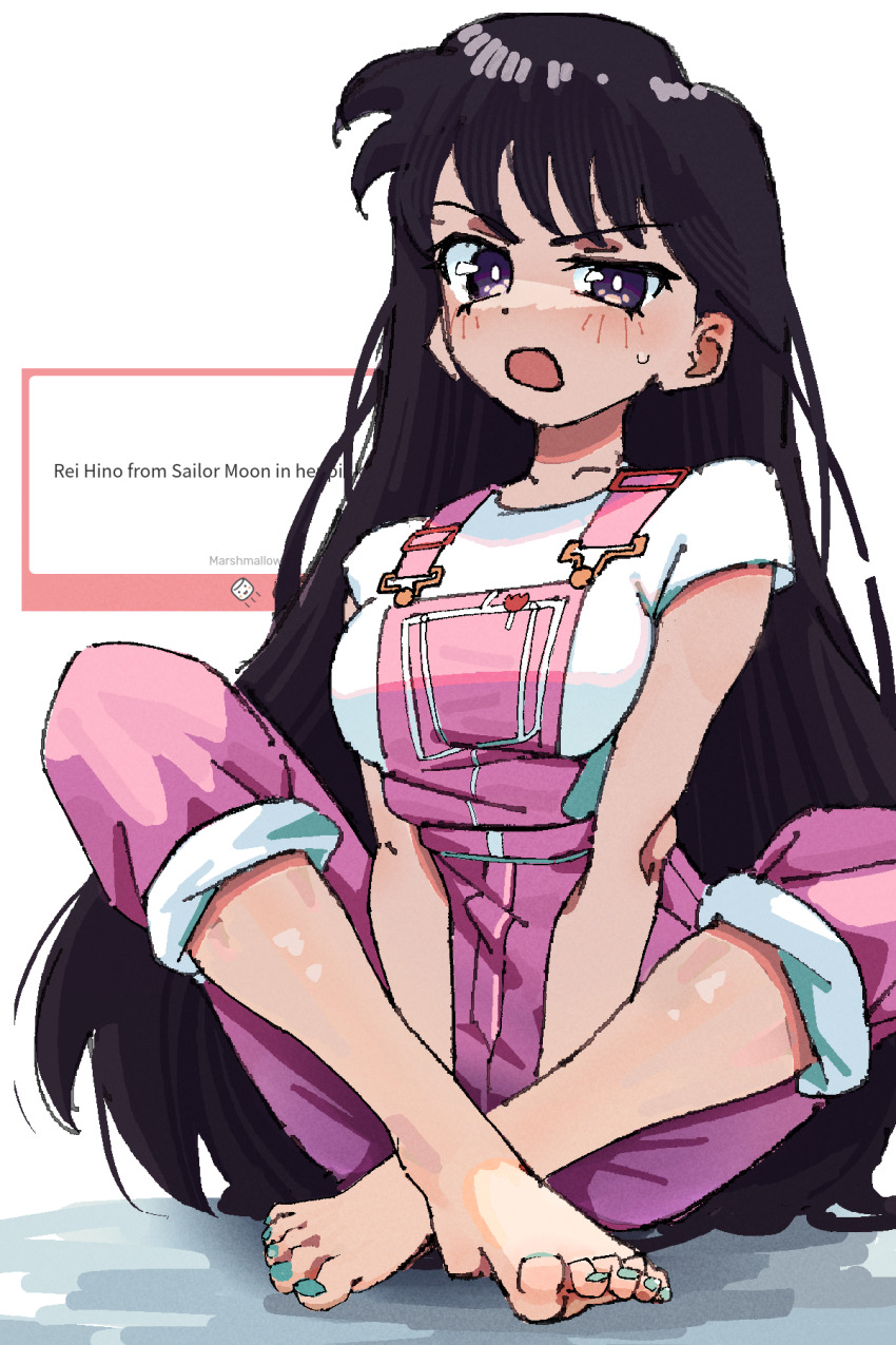 1girl arms_between_legs artistic_error bad_anatomy bad_feet barefoot bishoujo_senshi_sailor_moon black_hair blush breasts ear_blush english_text feet full_body green_nails highres hino_rei hoot_hoot_owl indian_style long_hair looking_at_viewer marshmallow_(site) medium_breasts nail_polish open_mouth overalls pink_overalls purple_eyes request_inset simple_background sitting solo sweatdrop toenail_polish toenails toes very_long_hair white_background wrong_foot