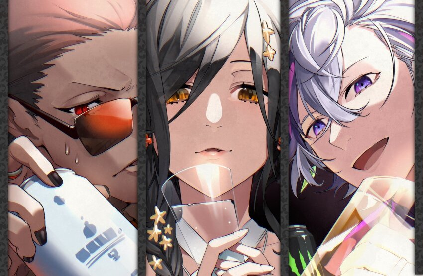 1girl 2boys black_hair black_nails brown_hair can cup drinking_glass fuwa_minato grey_hair gwelu_os_gar hair_ornament highres holding holding_can holding_cup jewelry jip multicolored_hair multiple_boys night_kingdom_(nijisanji) nijisanji open_mouth orange_eyes parted_lips purple_eyes purple_hair red_eyes ring shirayuki_tomoe sunglasses sweat virtual_youtuber