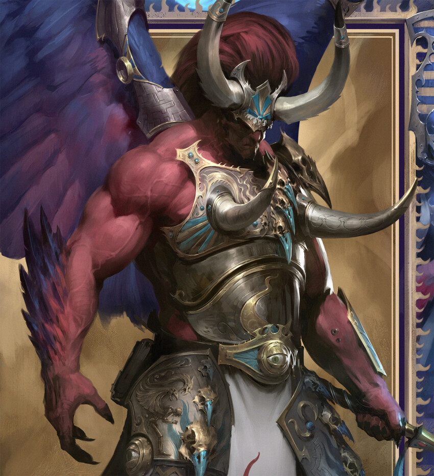 2boys adeptus_astartes ancient_egyptian_hat animal_skull animal_skull_ornament aqua_gemstone armor bare_shoulders biceps bird_skull blade_of_magnus blue_headwear blue_wings book book_holster border bracer breastplate chaos_(warhammer) chaos_space_marine chin_spike claws close-up colored_skin commentary cowboy_shot dabanaworks demon_primarch english_commentary engraved engraved_armor frown gem gold_border gold_trim gradient_wings grimoire headpiece helmet highres holding holding_polearm holding_weapon horn_ornament horn_ring horned_armor horns khopesh leg_armor long_hair magnus_the_red male_focus multicolored_wings multiple_boys muscular muscular_male official_art ornate_armor ornate_border out_of_frame pauldrons pelvic_curtain polearm poleyn primarch purple_wings red_hair red_skin scar scar_on_face shaded_face shoulder_armor single_pauldron skull_pauldron solo_focus spiked_armor spikes talons thousand_sons tzeentch_(symbol) veins warhammer_40k weapon wing_armor winged_arms wings