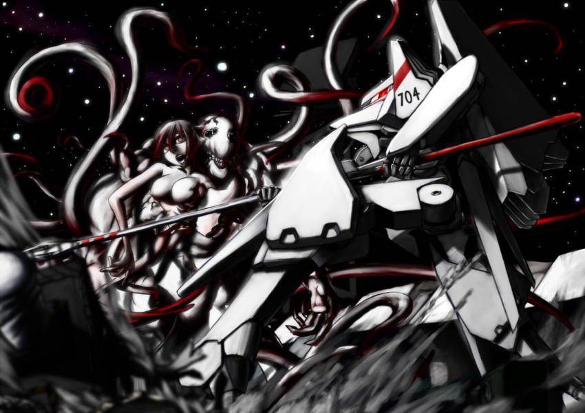 1girl battle breasts commentary_request extra_eyes gauna giant giant_monster hair_between_eyes holding holding_polearm holding_weapon humanoid_robot k-bukuro kabizashi large_breasts mecha mecha_focus mechanical_arms mechanical_legs military military_vehicle monster morito_(sidonia_no_kishi) multiple_heads night night_sky nipples nude open_mouth outdoors pale_skin polearm red_hair robot science_fiction sharp_teeth sidonia_no_kishi sky space spear star_(sky) starry_sky teeth tentacles tsugumori weapon