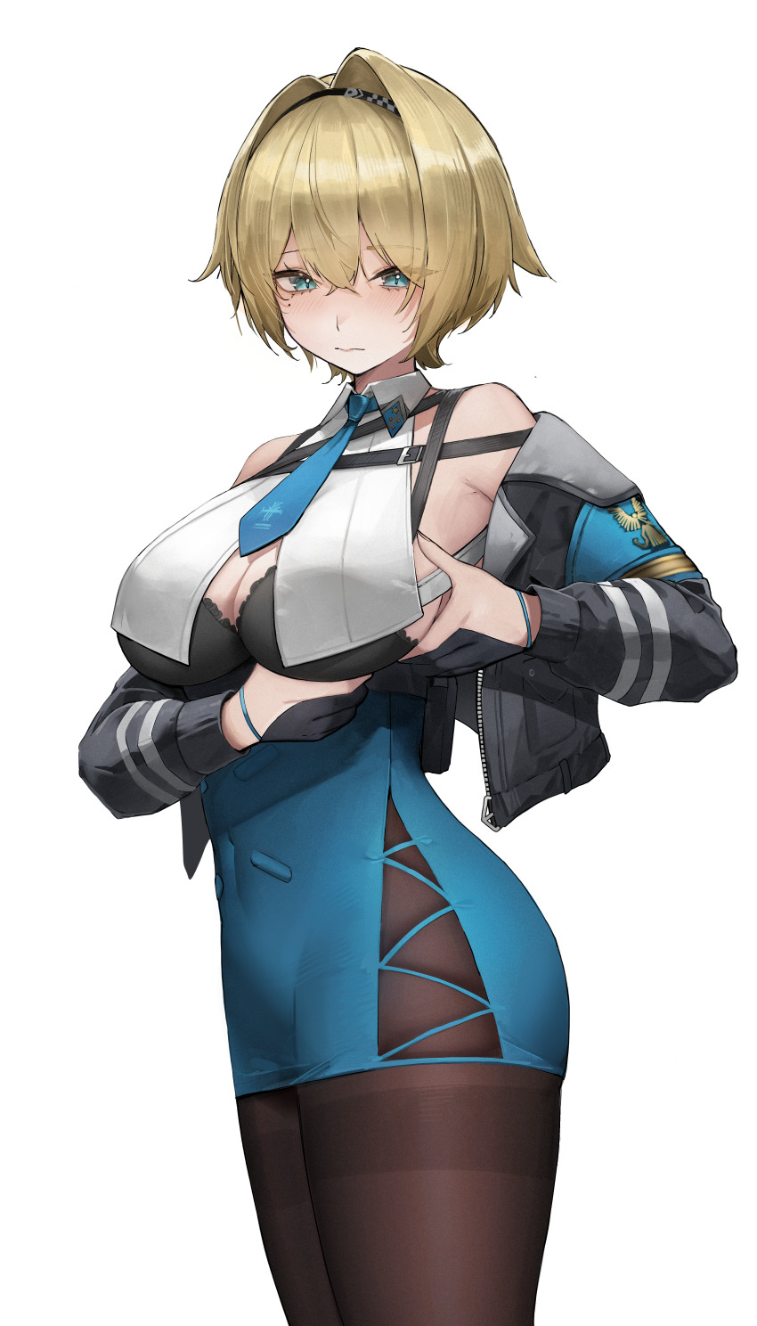 1girl absurdres black_bra black_jacket black_pantyhose blonde_hair blue_necktie blue_skirt blush bra breast_curtains breasts chest_strap cleavage closed_mouth commentary_request covered_navel cropped_jacket cross-laced_clothes cross-laced_skirt girls&#039;_frontline girls&#039;_frontline_2:_exilium hair_intakes highres jacket large_breasts looking_at_viewer mole mole_under_eye necktie nerita_(neritarine) nikketa_(girls&#039;_frontline_2) open_clothes open_jacket pantyhose pencil_skirt short_hair simple_background skirt solo underwear vsk-94_(girls&#039;_frontline) white_background