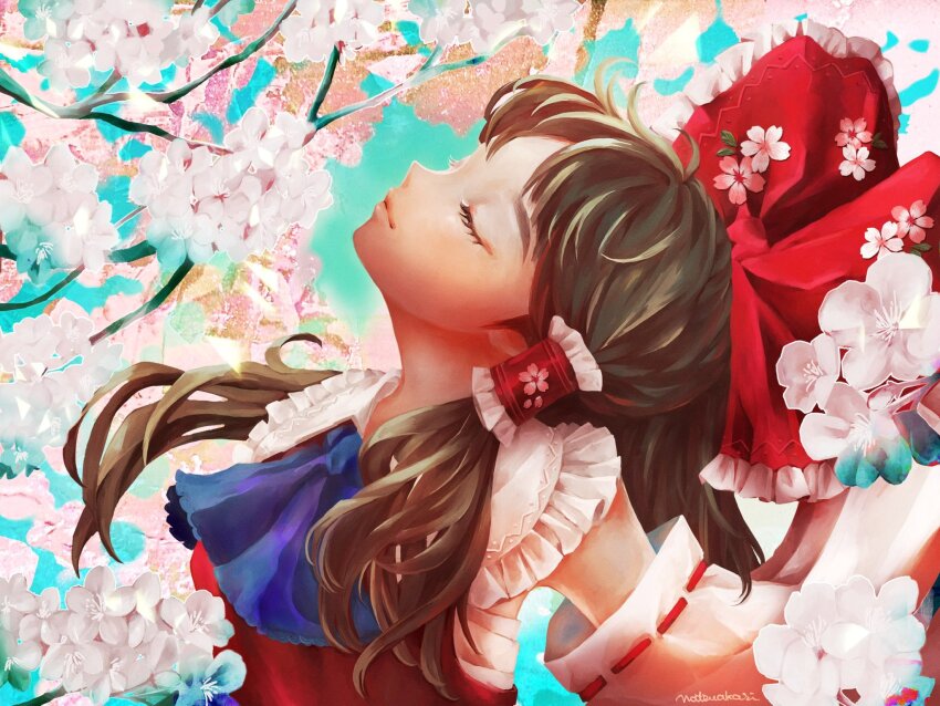 1girl ascot blue_ascot bow branch brown_hair cherry_blossoms closed_eyes detached_sleeves floral_background flower flower_on_head frilled_hair_tubes frilled_shirt_collar frills hair_tubes hakurei_reimu highres lips long_hair looking_up natsuakari neck red_bow red_ribbon red_shirt ribbon sarashi shirt solo touhou white_sleeves