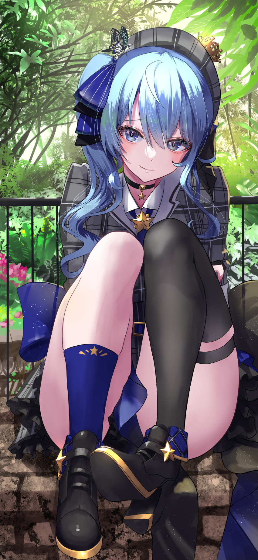 1girl absurdres asymmetrical_legwear black_choker black_footwear black_thighhighs blue_eyes blue_hair blue_necktie blue_socks blush brick_floor choker closed_mouth collared_dress dress full_body gold_trim grey_dress hair_between_eyes hat high_heels highres hololive hoshimachi_suisei hoshimachi_suisei_(1st_costume) knees_up legs_together long_hair long_sleeves looking_at_viewer mismatched_legwear necktie outdoors plaid_clothes plaid_dress plaid_hat pleated_dress railing revision shadow side_ponytail sitting socks solo star_(symbol) star_in_eye symbol_in_eye thighhighs thighs virtual_youtuber yusuke_(shiota)
