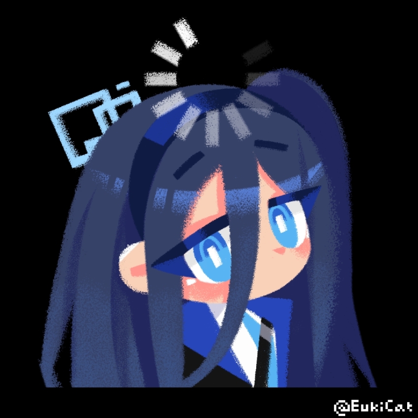 1girl aqua_eyes aqua_halo aqua_necktie aris_(blue_archive) artist_name black_background black_jacket blue_archive blue_hair blue_hairband blue_jacket blush bright_pupils chinese_commentary commentary double-parted_bangs euki_(eukicat) hair_between_eyes hairband halo jacket loading_icon long_bangs long_hair long_hair_between_eyes long_sidelocks looking_at_viewer multicolored_jacket necktie no_lineart no_mouth one_side_up open_clothes open_jacket rectangular_halo school_uniform shirt sidelocks simple_background solo thinking twitter_username upper_body white_pupils white_shirt