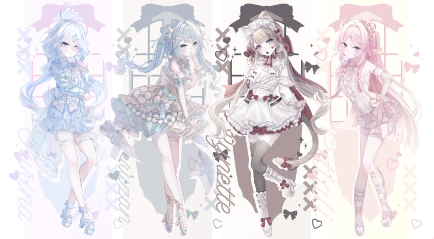 4girls :p absurdres ahoge alternate_costume animal_ear_fluff animal_ears anninufufu aqua_bow aqua_bowtie aqua_hair bare_shoulders blue_dress blue_eyes blue_gemstone blue_hair blue_pupils blue_shoes blush boots bow bowtie breasts breasts_apart brown_hair candy cat_ears cat_girl cat_tail character_name citlali_(genshin_impact) cleavage closed_mouth clothing_request commentary detached_sleeves dress elbow_gloves facial_mark faruzan_(genshin_impact) fingerless_gloves fingernails food foot_up frilled_hairband frilled_thigh_strap frilled_wrist_cuffs frills full_body furina_(genshin_impact) gem genshin_impact gloves green_eyes grey_thighhighs hair_between_eyes hair_bow hair_ornament hairband hairclip hand_on_own_hip hand_up heart heart-shaped_food heart-shaped_lollipop heart_ahoge heart_facial_mark heterochromia high_heel_boots high_heels highres holding holding_candy holding_food holding_lollipop leaning_forward lollipop long_hair long_sleeves looking_at_viewer lynette_(genshin_impact) maid_headdress medium_breasts multicolored_hair multiple_girls o-ring pink_hair pink_pupils purple_eyes red_bow red_gemstone shaped_lollipop shoes sideboob standing standing_on_one_leg symbol-only_commentary tail tail_bow tail_ornament thigh_strap thighhighs tongue tongue_out twintails two_side_up very_long_hair white_boots white_bow white_bowtie white_dress white_gloves white_hair white_hairband wrist_cuffs x_hair_ornament