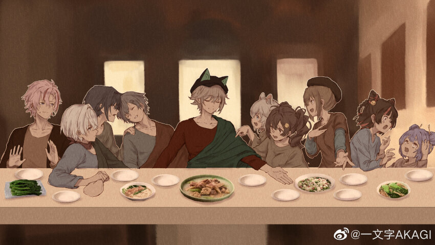 5boys 5girls aza_(virtuareal) azusa_(vtuber) virtuareal_link black_hair blue_hair brown_hair character_request closed_eyes fine_art_parody food fried_rice hand_on_own_chest highres hoshimi_(virtuareal) kero_(vtuber) virtuareal_link meme multiple_boys multiple_girls nanami_(virtuareal) nijisanji no_thanks_(meme) parody pink_hair robe table the_last_supper tocci_(virtuareal) virtual_youtuber virtuareal watermark weibo_username weibo_watermark white_hair yellow_eyes yiwenzi_akagi