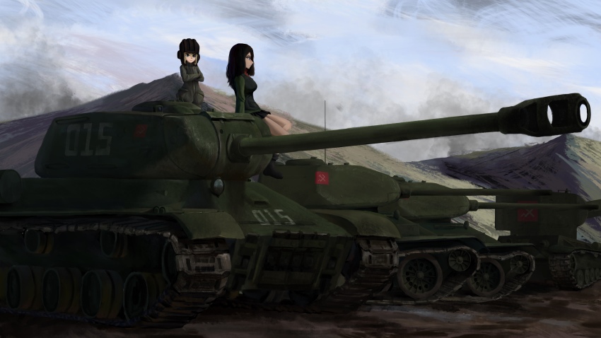 2girls absurdres artist_request black_hair blonde_hair blue_eyes breasts caterpillar_tracks commentary_request day emblem girls_und_panzer helmet highres is-2 katyusha_(girls_und_panzer) kv-2 long_hair military military_vehicle motor_vehicle mountain multiple_girls nonna_(girls_und_panzer) pravda_(emblem) pravda_military_uniform russian_commentary short_hair sky smile t-34 t-34-85 tank tank_helmet