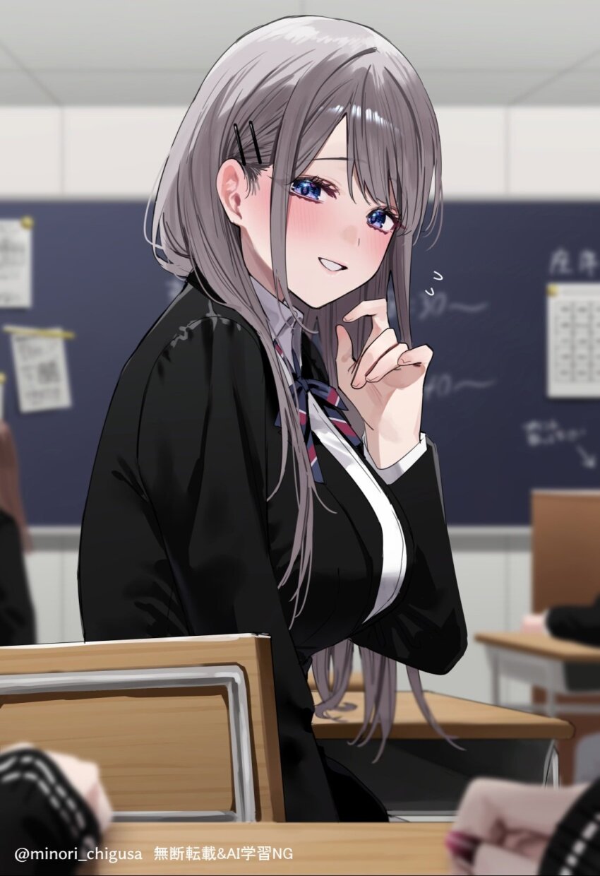 2girls black_jacket black_nails black_sweater blue_eyes blue_ribbon blurry blush breasts chair chigusa_minori commentary_request depth_of_field desk female_pov gradient_nails grey_hair hair_ornament hairclip highres indoors jacket large_breasts long_hair long_sleeves looking_at_viewer multiple_girls nail_polish neck_ribbon open_mouth pov ribbon saotome_shino_(shino_to_ren) school_chair school_desk school_uniform shino_to_ren shirayuki_ren sidelocks sleeves_past_wrists solo_focus sweater