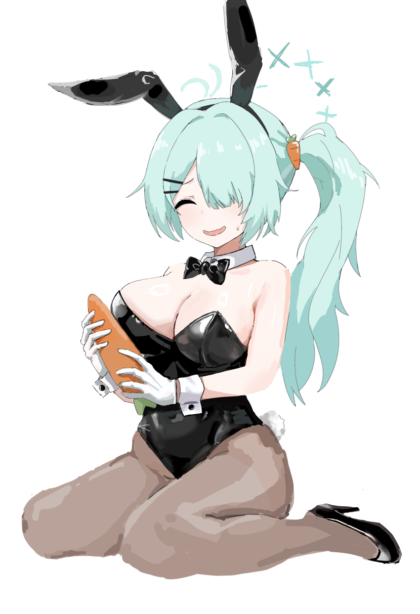 1girl abcqoq2 absurdres animal_ear_hairband animal_ears aqua_hair black_bow black_bowtie black_leotard blue_archive bow bowtie breasts brown_pantyhose carrot cleavage closed_eyes detached_collar fake_animal_ears hair_over_one_eye hairband halo highres hiyori_(blue_archive) large_breasts leotard long_hair open_mouth pantyhose playboy_bunny rabbit_ears rabbit_tail side_ponytail sitting smile solo strapless strapless_leotard tail wariza wrist_cuffs