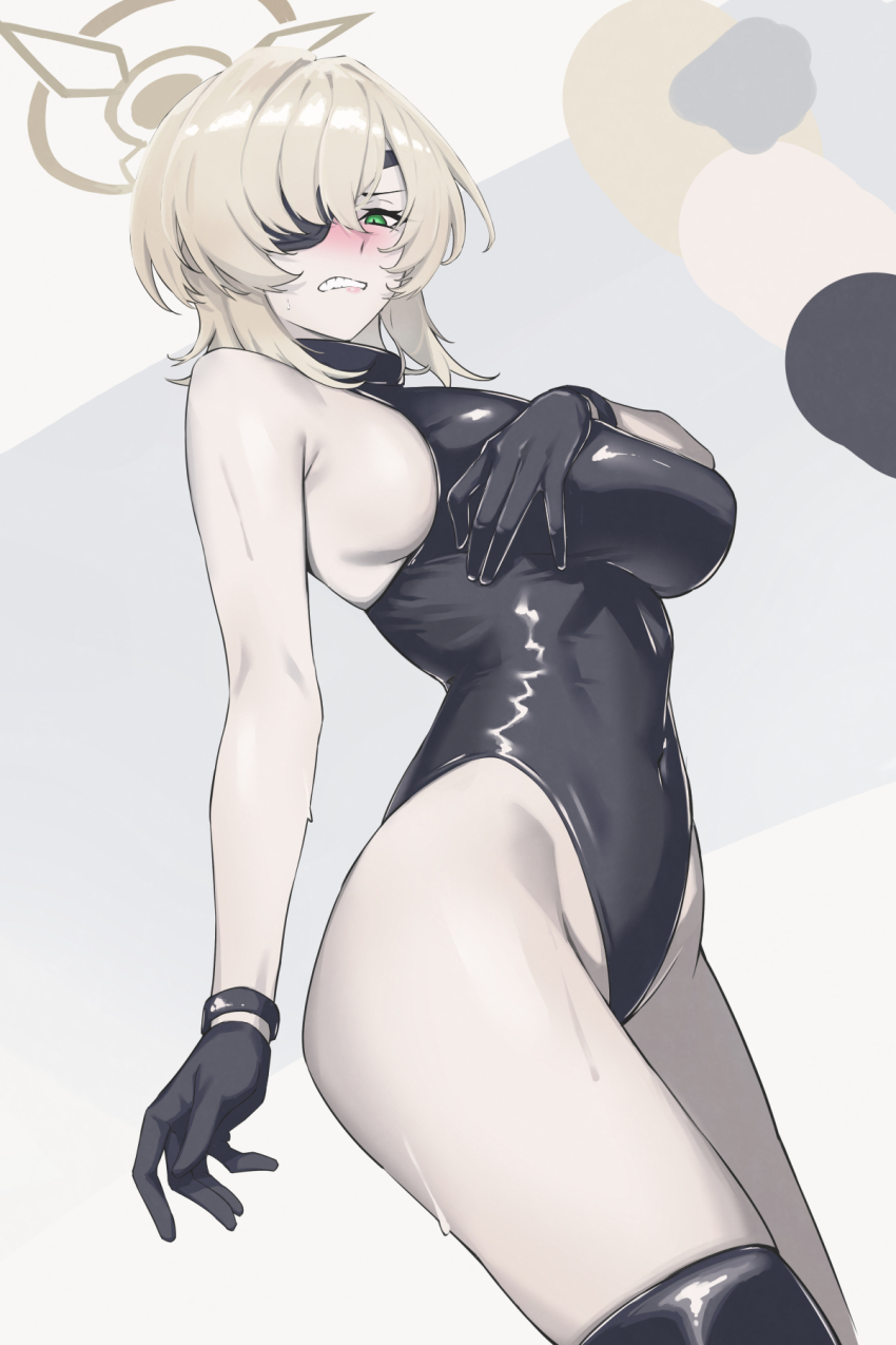 1girl alternate_costume bare_shoulders black_gloves black_leotard black_thighhighs blue_archive blush breasts clenched_teeth commentary_request covering_breasts covering_privates dutch_angle ei_(eiei_e1) eyepatch gloves green_eyes green_hair green_halo halo highleg highleg_leotard highres large_breasts latex latex_leotard leotard looking_at_viewer short_hair simple_background sleeveless_turtleneck_leotard solo suou_(blue_archive) sweat teeth thighhighs