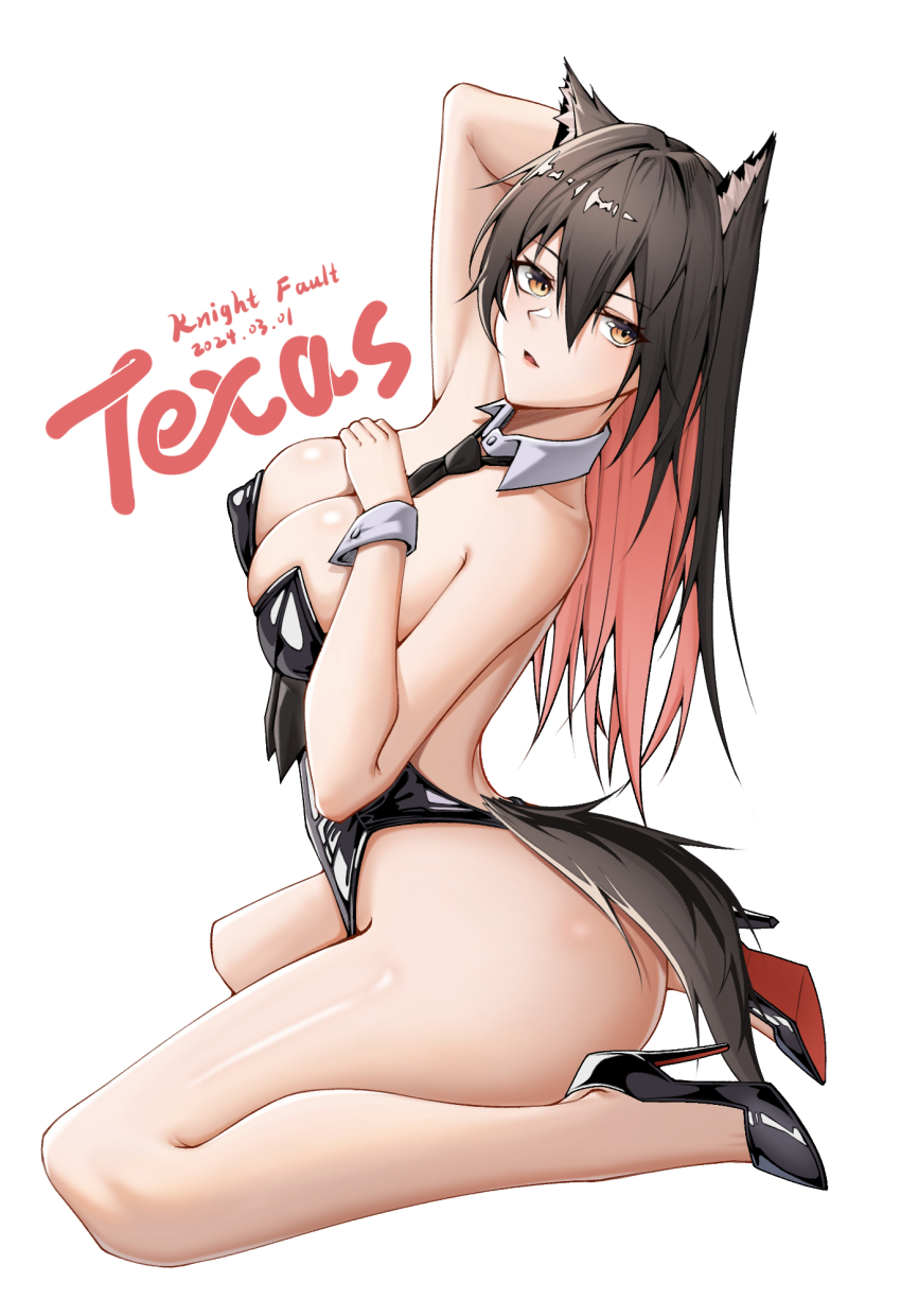 1girl animal_ears arknights arm_up black_hair breasts costume dating fake_animal_ears full_body hand_in_own_hair hand_on_own_chest high_heels highres kneeling knight_fault large_breasts leotard long_hair multicolored_hair necktie open_mouth playboy_bunny shoes signature simple_background solo streaked_hair tail texas_(arknights) white_background wolf_ears wolf_tail