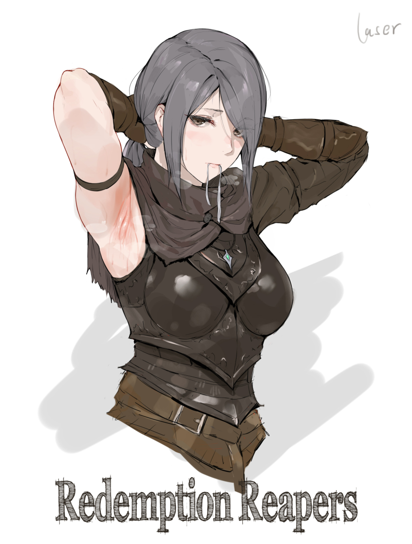 1girl armor armpits arms_up artist_name asymmetrical_sleeves belt blush breasts brown_eyes brown_gloves chinese_commentary commentary_request english_text gloves grey_hair hair_over_one_eye highres jewelry laserflip long_hair looking_at_viewer medium_breasts mouth_hold necklace original ponytail ribbon ribbon_in_mouth signature simple_background single_sleeve solo sweat upper_body white_background