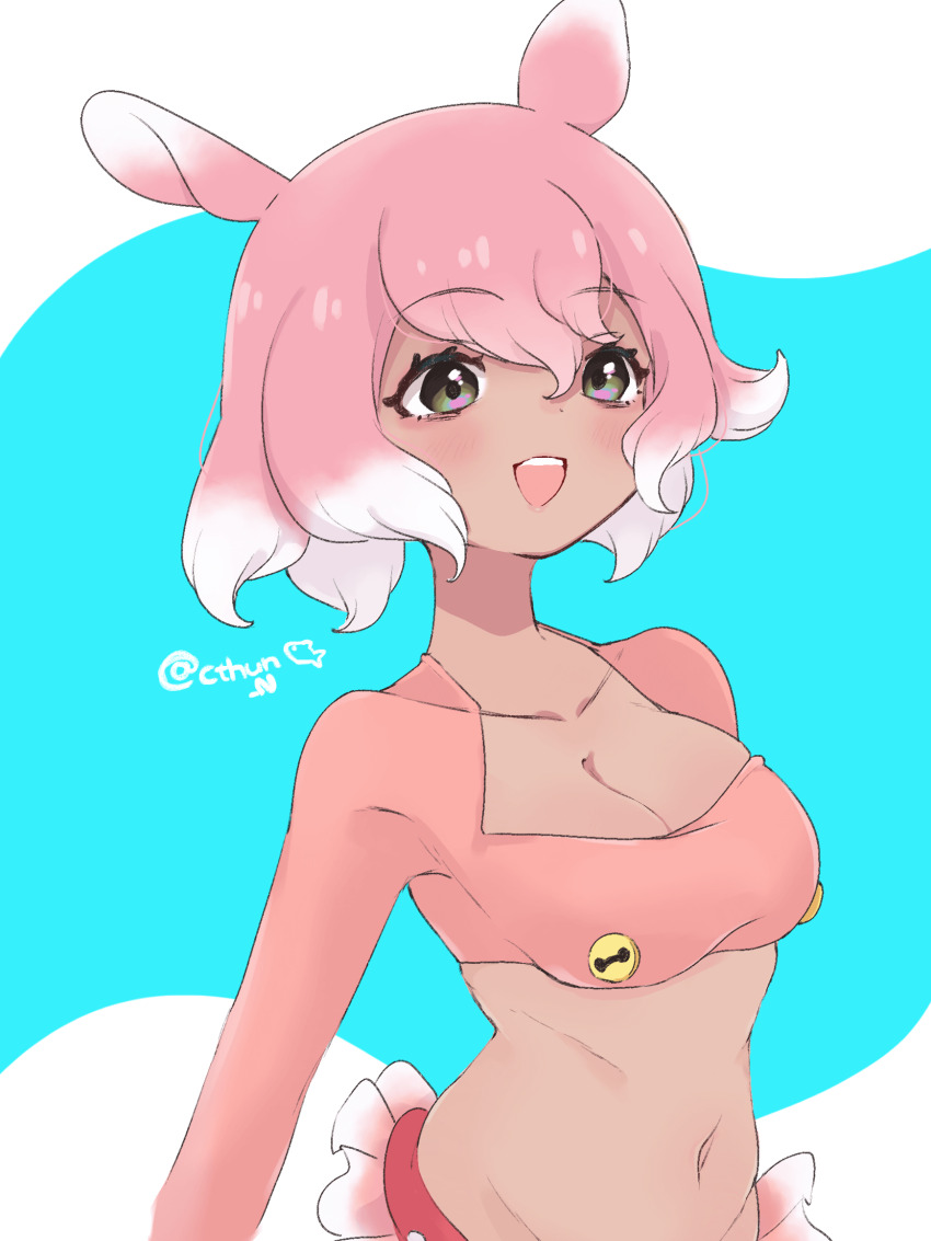 1girl blush buttons cleavage_cutout clothing_cutout cowboy_shot crop_top cthun_n dark_skin grey_eyes highres japanese_pancake_devilfish_(kemono_friends) kemono_friends long_sleeves midriff multicolored_hair navel open_mouth pink_hair short_hair smile solo two-tone_hair white_hair