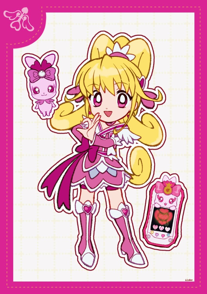 1girl aida_mana blonde_hair boots border bow brooch cellphone cure_heart curly_hair deformed dokidoki!_precure dot_nose dotted_line dress earrings eyelashes feather-trimmed_sleeves frilled_arm_warmers full_body grey_background grid_background hair_ornament hair_ribbon hair_tie half-heart_hands hand_on_own_hip happy heart heart-shaped_hair heart_brooch heart_earrings heart_hair_ornament high_heel_boots high_heels high_ponytail highres jewelry knee_boots long_hair looking_at_viewer magical_girl open_mouth outline phone pink_arm_warmers pink_boots pink_border pink_bow pink_brooch pink_dress pink_eyes pink_ribbon pink_shorts ponytail precure ribbon sharuru_(dokidoki!_precure) short_dress short_sleeves shorts shorts_under_dress signature smartphone smile standing tareme uwded_207 very_long_hair waist_bow white_outline white_sleeves