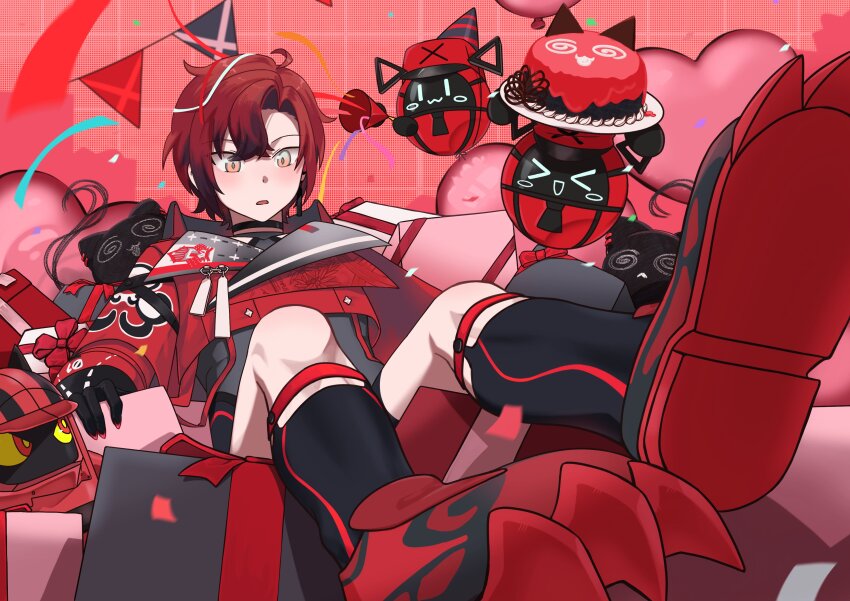 &gt;_&lt; 1boy absurdres birthday_cake black_gloves black_socks blush boots box cake coat confetti food gift gift_box gloves happy_birthday highres holding holostars holostars_english legwear_garter long_hair looking_at_viewer machina_x_flayon machiroon_(machina_x_flayon) male_focus nasvy open_mouth parted_lips party_popper red_coat red_eyes red_hair short_hair shorts sitting socks solo thighs weapon